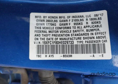 2017 Honda Civic Ex-L z USA, uszkodzony, nr VIN 19XFC1F80HE029733